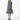 A female model wearing a  linen gray sleeveless knee-length dress with vertical stripes and round neckline, standing against a white background.