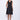 A model wearing a black sleeveless knee-length dress with a v-neckline, center zipper and pockets, standing against a white background.